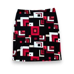 Y2k black, red, and white abstract geometric print mini skirt